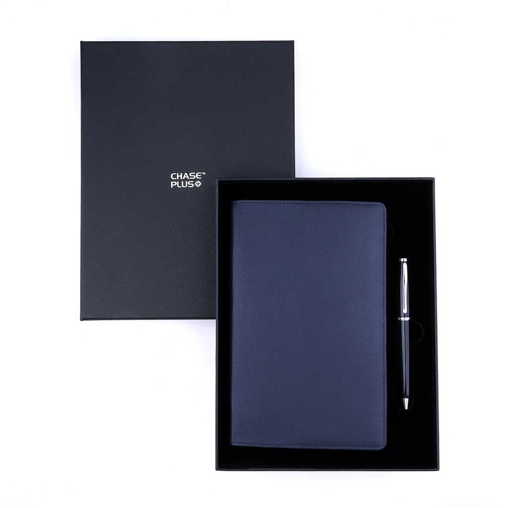 Business Gift Set-Capre Leather Covered Organizer Blue and Lexer Black Pen 