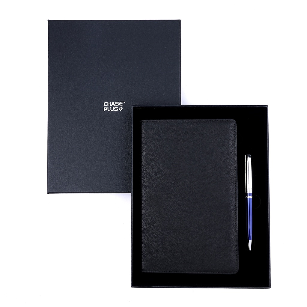 Business Gift Set-Domino Leather Covered Organizer and Kanora Blue Chrome Pen 