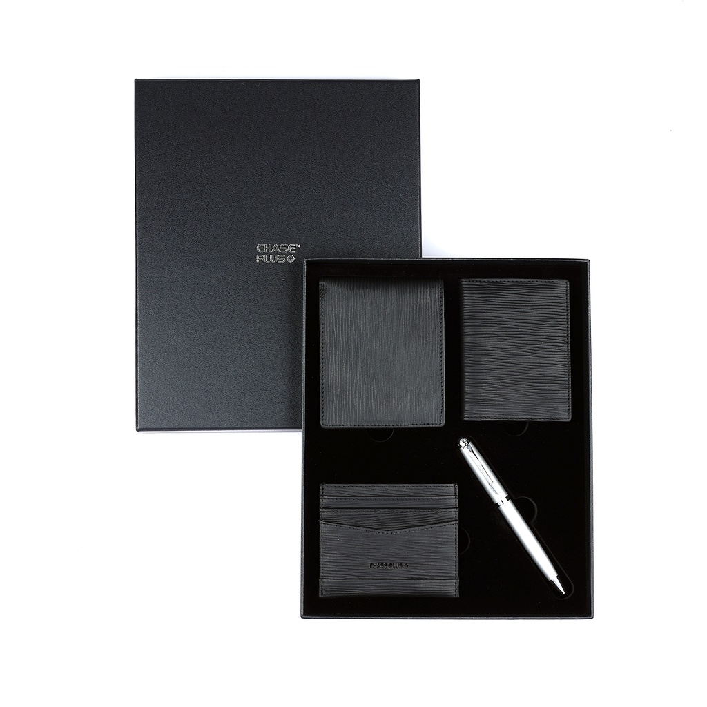 CHASE PLUS Business Gift Set Retso Men's Wallet, Credit Card Holder, BCH and Libro Matt Silver Pen