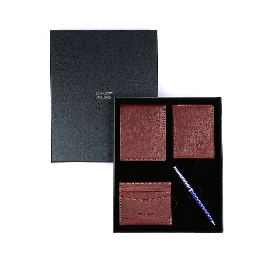 CHASE PLUS Business Gift Set Oxford Men's Wallet, Credit Card Holder, BCH and Lexer Blue Pen 