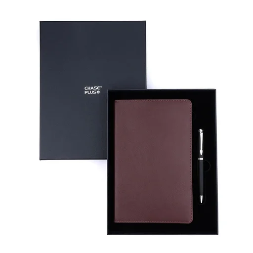 [CMB8907-2]  Business Gift Set-Capre Leather Covered Organizer Chocolate Brown and Libro Blue Chrome Pen