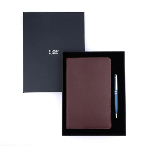 Business Gift Set-Capre Leather Covered Organizer Chocolate Brown and Kanora Matt Blue Pen  