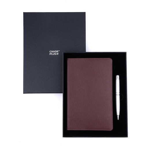 [CMB8908-5] Business Gift Set-Capre Leather Covered Organizer Chocolate Brown and Kanora Matt Silver Pen  