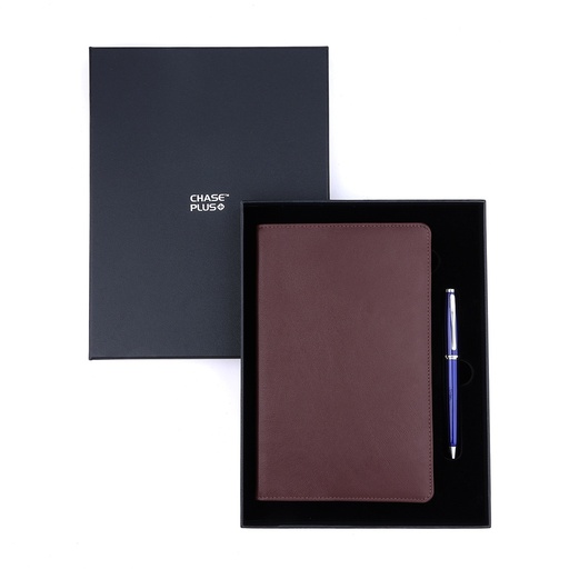 [CMB8909-2] Business Gift Set-Capre Leather Covered Organizer Chocolate Brown and Lexer Blue Pen 