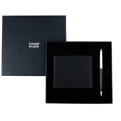 CHASE PLUS Business Gift Set-Glasgow Men's Wallet and Libro Black Chrome Pen 