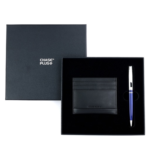 [CMB8879-2] CHASE PLUS Business Gift Set- Premio Credit Card Holder and Kanora Blue Chrome Pen 