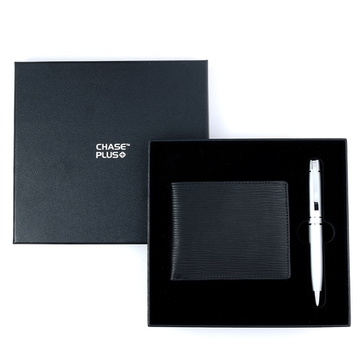 [CMB8823-5] CHASE PLUS Business Gift Set-Retso Men's Wallet and Kanora Matt Silver Pen 