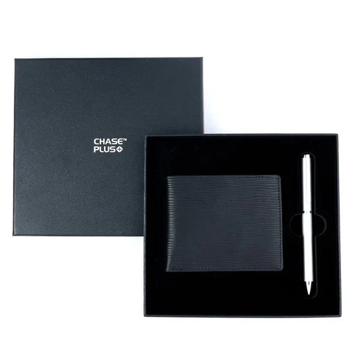 CHASE PLUS Business Gift Set-Retso Men's Wallet and Danza Matt Silver Pen 
