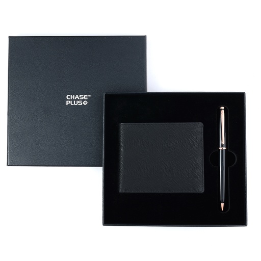 [CMB8827-3] CHASE PLUS Business Gift Set-Glasgow Men's Wallet and Lexer Black Rosegold Pen 