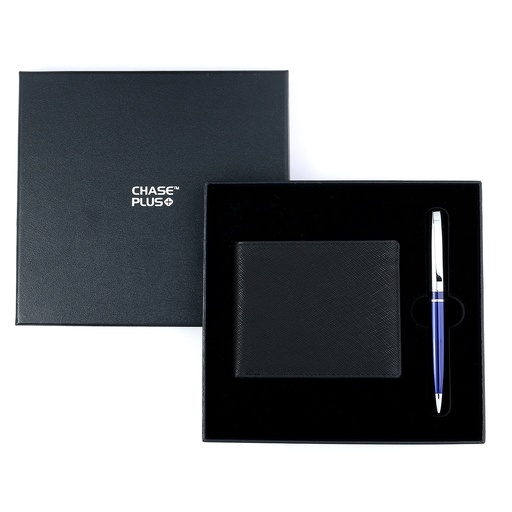 [CMB8822-2] CHASE PLUS Business Gift Set-Glasgow Men's Wallet and Kanora Blue Chrome Pen 