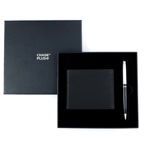 [CMB8822-3] CHASE PLUS Business Gift Set-Glasgow Men's Wallet and Kanora Black Chrome Pen 