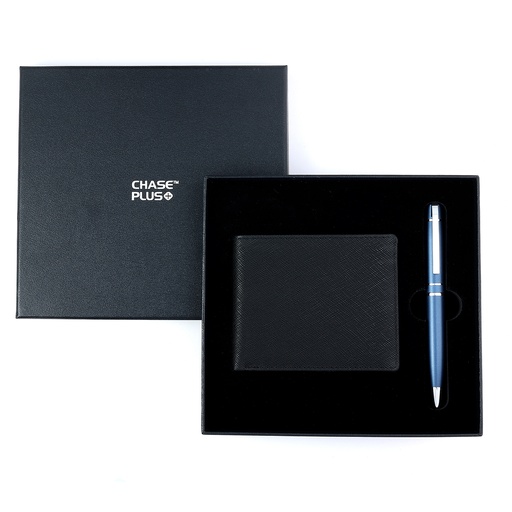 [CMB8822-4] CHASE PLUS Business Gift Set-Glasgow Men's Wallet and Kanora Matt Blue Pen 