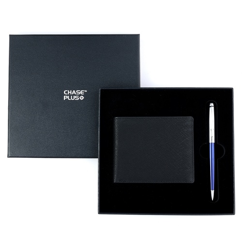 [CMB8817-2] CHASE PLUS Business Gift Set-Glasgow Men's Wallet and Libro Blue Chrome Pen 