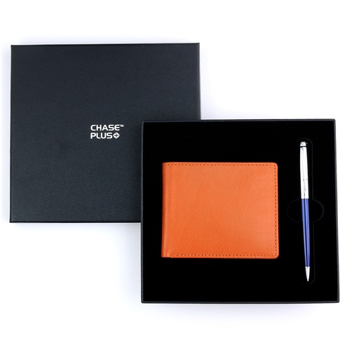 [CMB8816-2] CHASE PLUS Business Gift Set-Bristol Men's Wallet and Libro Blue Chrome Pen 