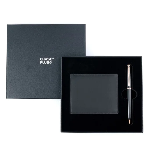  CHASE PLUS Business Gift Set-Premio Men's Wallet and Lexer Black Rosegold Pen 