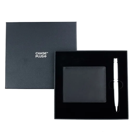 CHASE PLUS Business Gift Set-Premio Men's Wallet and Kanora Matt Silver Pen 