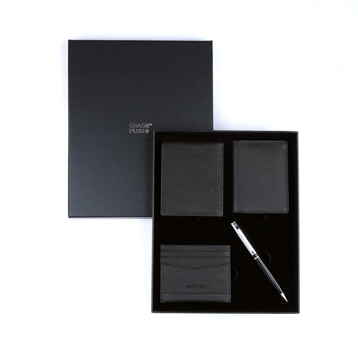 [CMB88921-3] CHASE PLUS Business Gift Set Glasgow Men's Wallet, Credit Card Holder, BCH and Kanora Black Chrome Pen   
