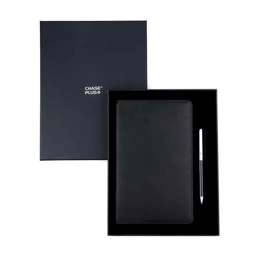 Business Gift Set-Capre Leather Covered Organizer Black and Danza Black Chrome Pen