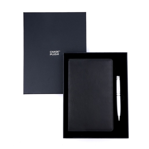 [CMB8892-5] Business Gift Set-Capre Leather Covered Organizer Black and Kanora Matt Silver Pen 