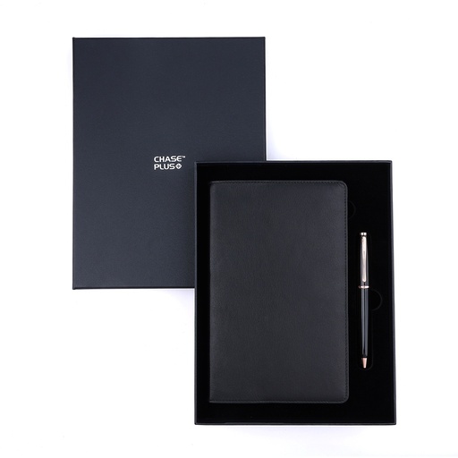 [CMB8893-3] Business Gift Set-Capre Leather Covered Organizer Black and Lexer Black Rosegold Pen 